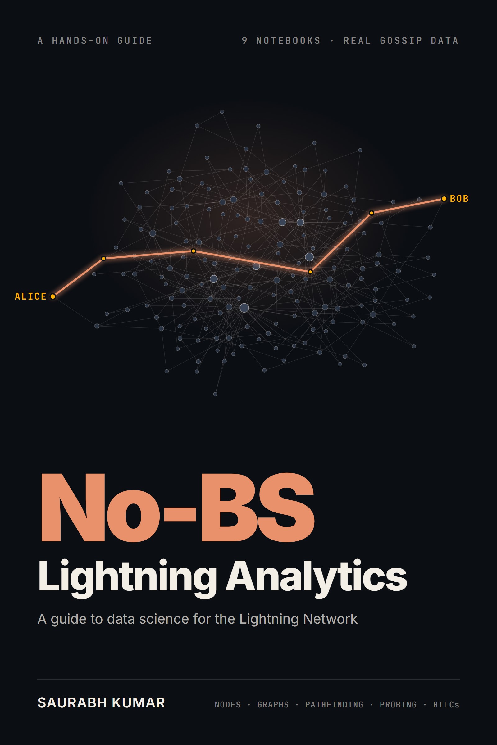 No-BS Lightning Analytics book cover: a Lightning network graph with a payment route highlighted